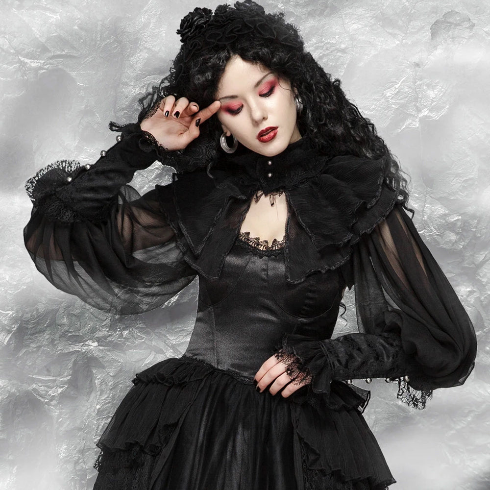 One opening Women Gothic Lolita Dress Fairy Grunge Punk Black Goth Dress  Lace Patchwork Flare Sleeve A-Line Dresses Halloween Outfit 