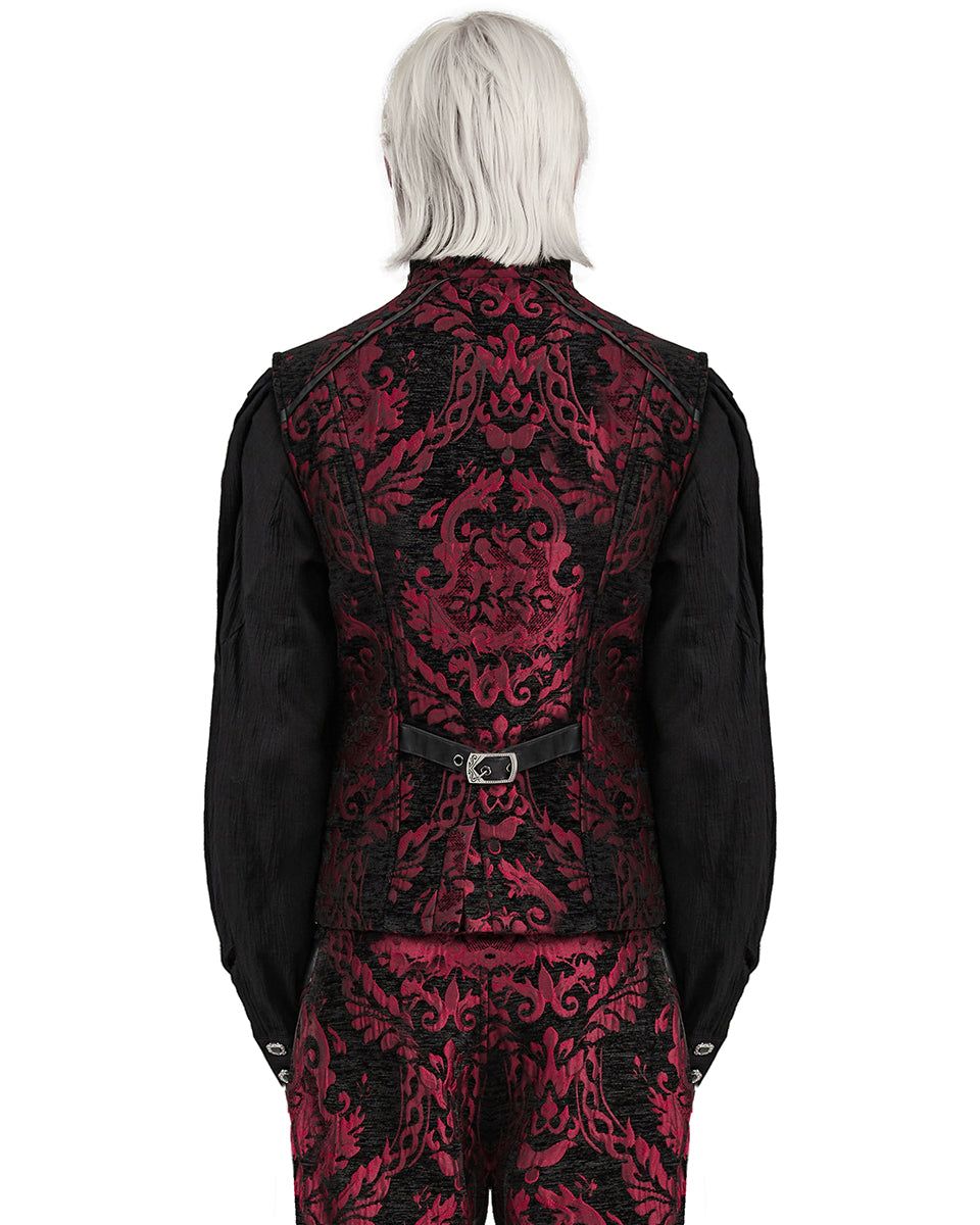 WY-1489MJM-BKRDM Mens Gothic Regency Damask Tapestry Waistcoat Vest - Black & Red