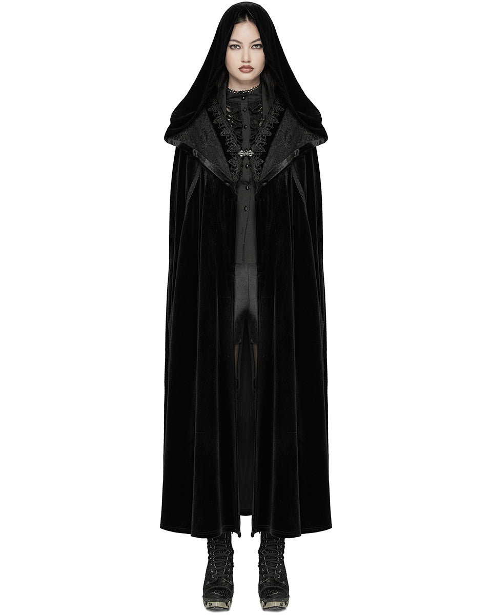 WY-1642DPF Womens Long Gothic Velvet & Lace Hooded Cloak