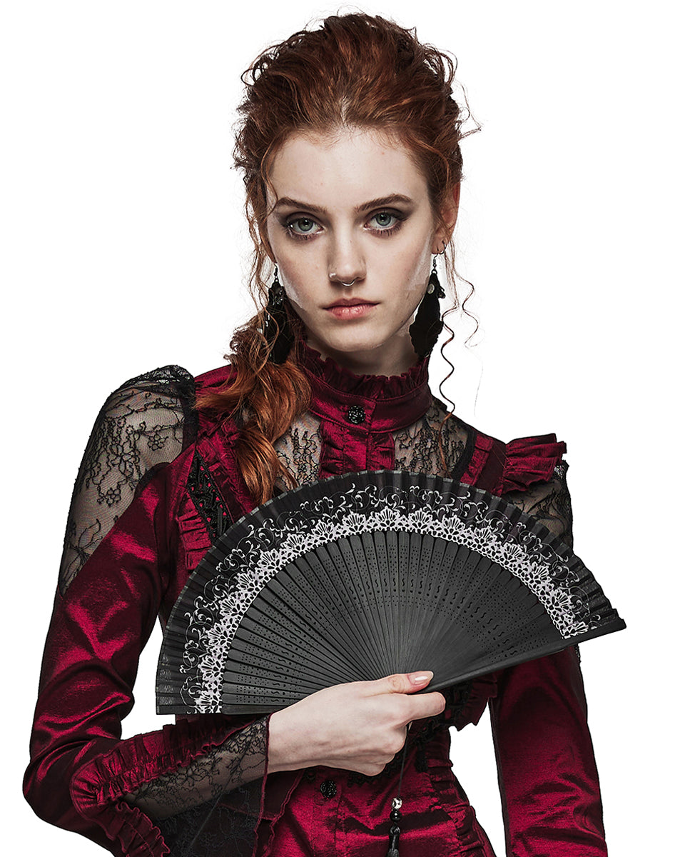 WS-574QTF-BKF Womens Folding Gothic Skull & Vines Fan - Black & White