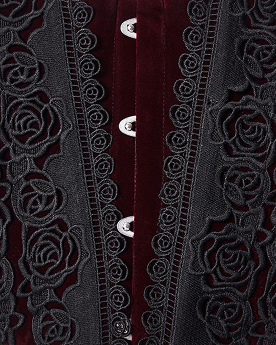 WS-790YDF Womens Baroque Gothic Rose Embroidered Velvet Cincher Corset - Red & Black