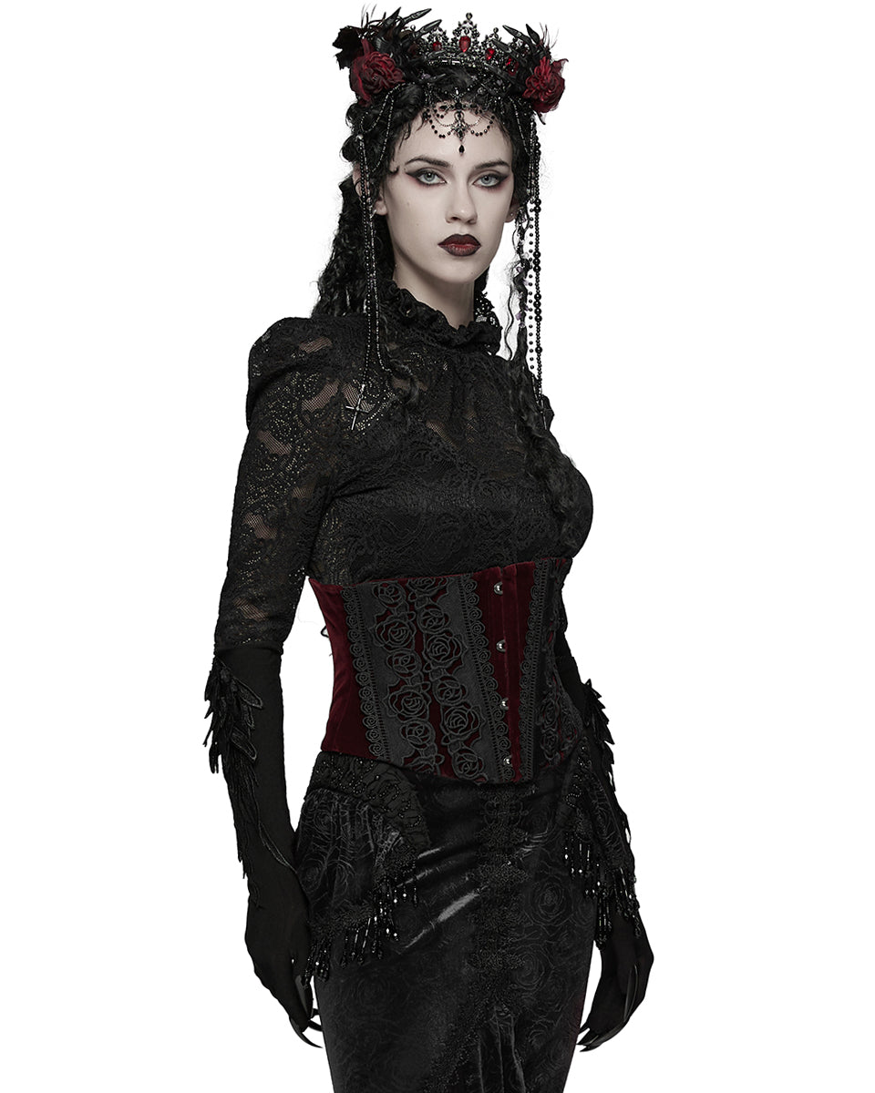 WS-790YDF Womens Baroque Gothic Rose Embroidered Velvet Cincher Corset - Red & Black