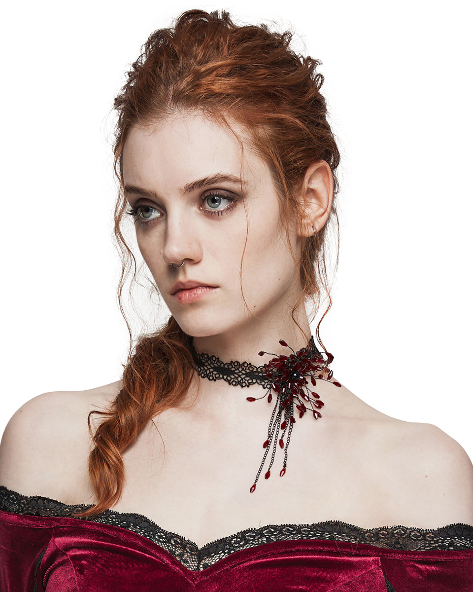 DS-572LHF-BKRDF Womens Shadowflower Beaded Gothic Choker Necklace - Black & Red