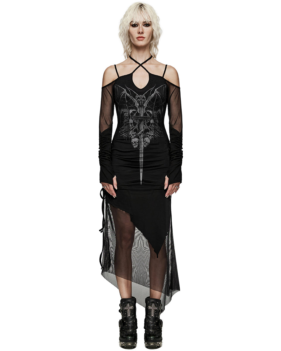 PR-WQ-654LQF-BKF Womens Demonica Printed Gothic Mesh Dress