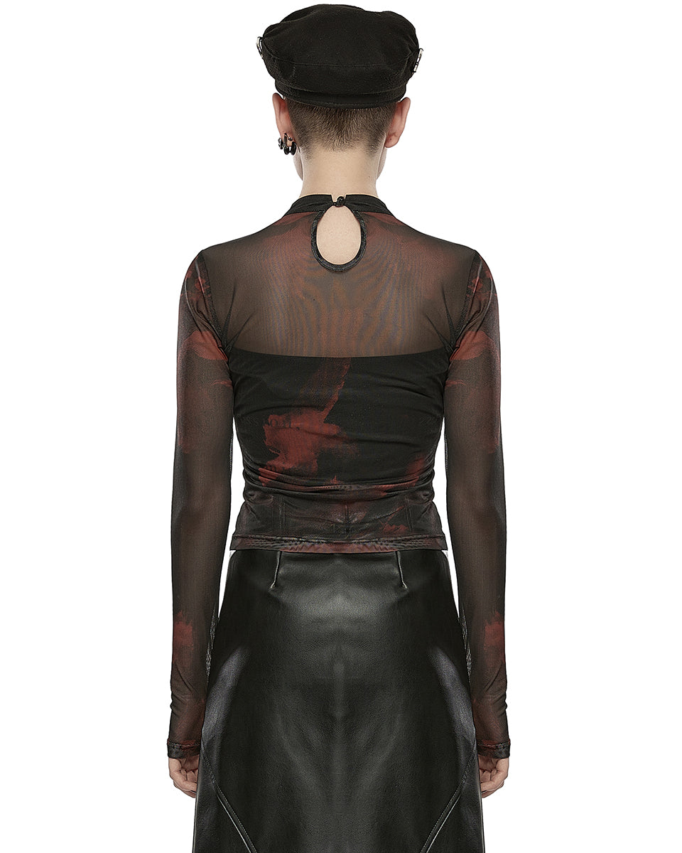 OPT-852 Daily Life Womens Cyberpunk Layered Mesh Top - Black & Red