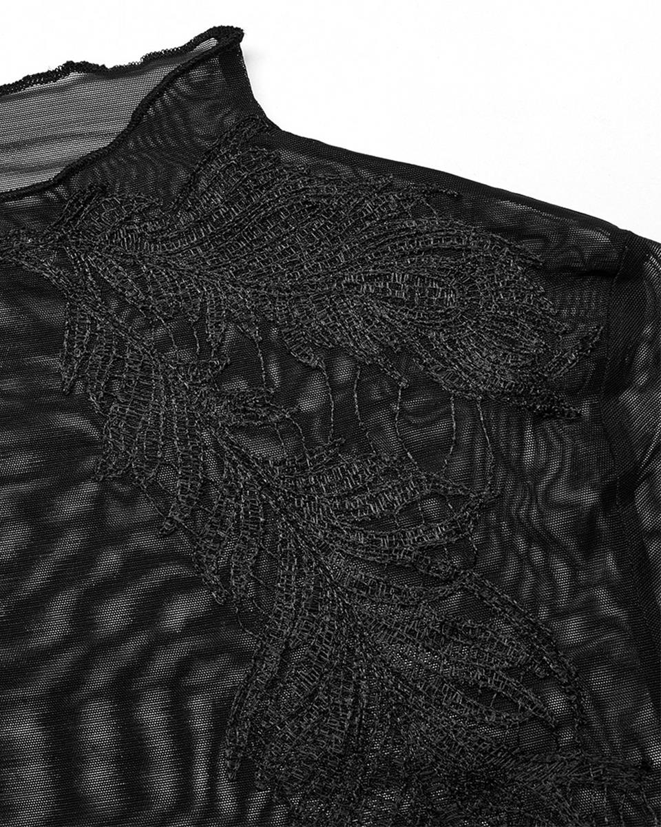T766-BKF Womens Gothic Sheer Mesh Lace Applique Top