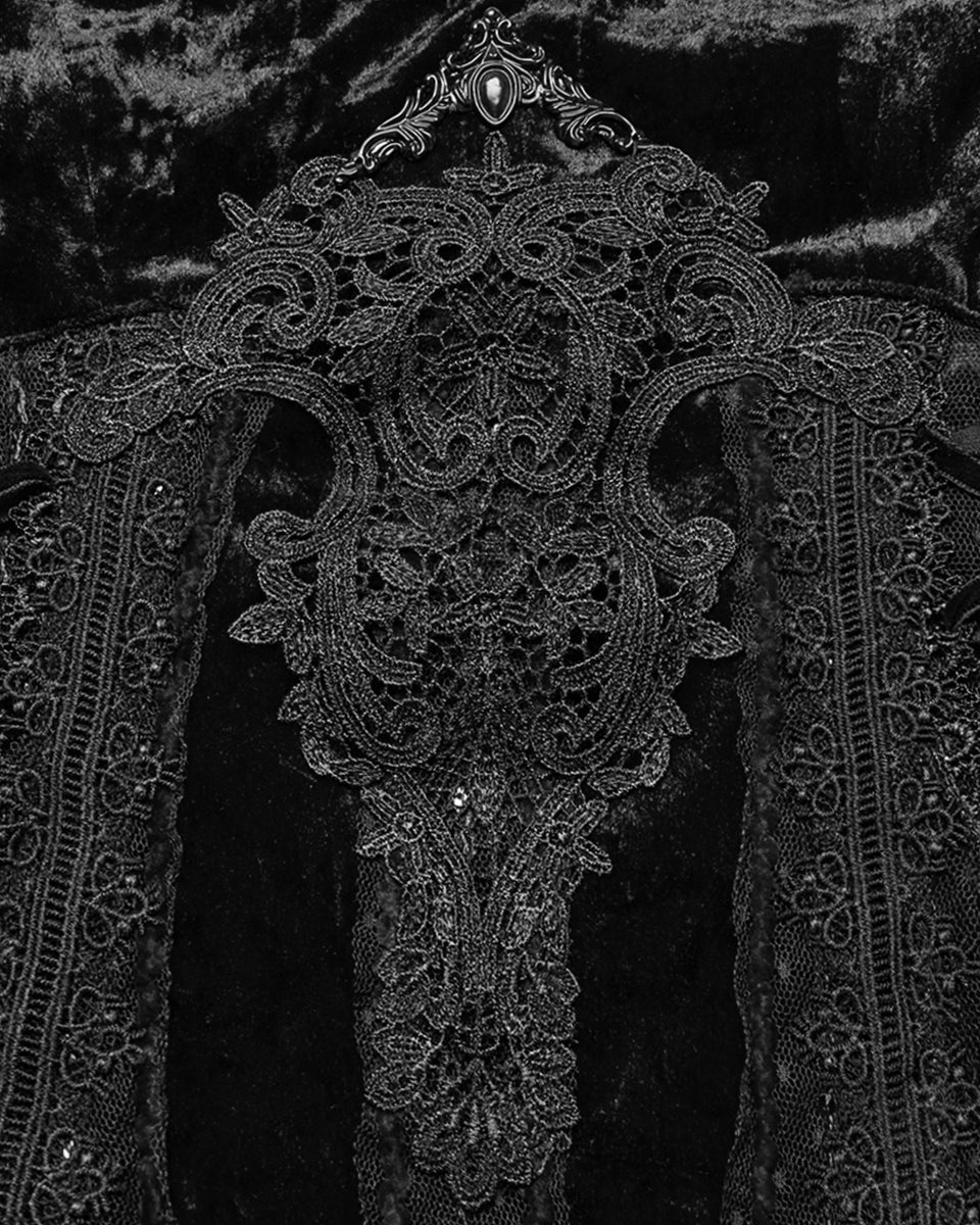 OQ=856LQF Daily Life Womens Long Gothic Crushed Velvet Applique Maxi Dress - Black