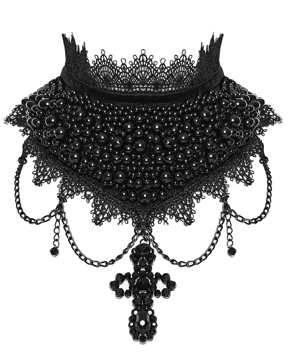 WS-568LHF-BKF Womens Beaded Crucifix Gothic Choker Collar Necklace