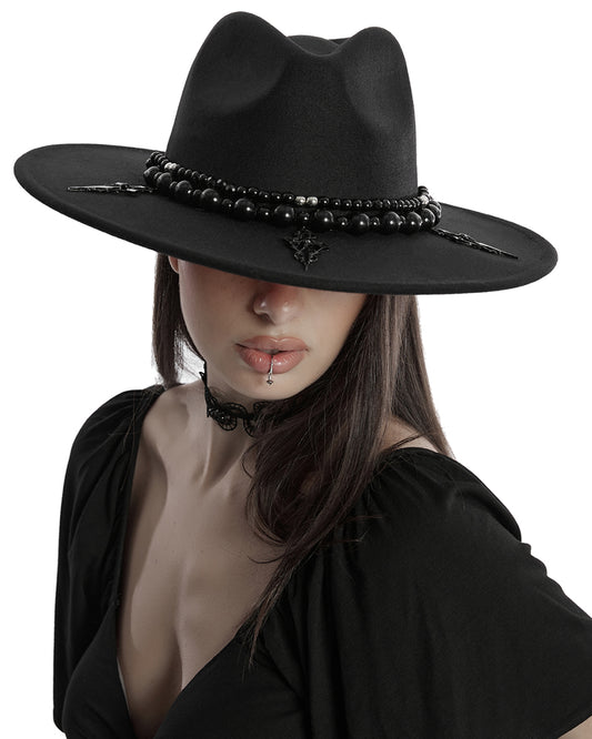 OS-759MZ-BK-RDF Daily Life Womens Gothic Beaded Wide Brim Fedora Hat - Black & Red