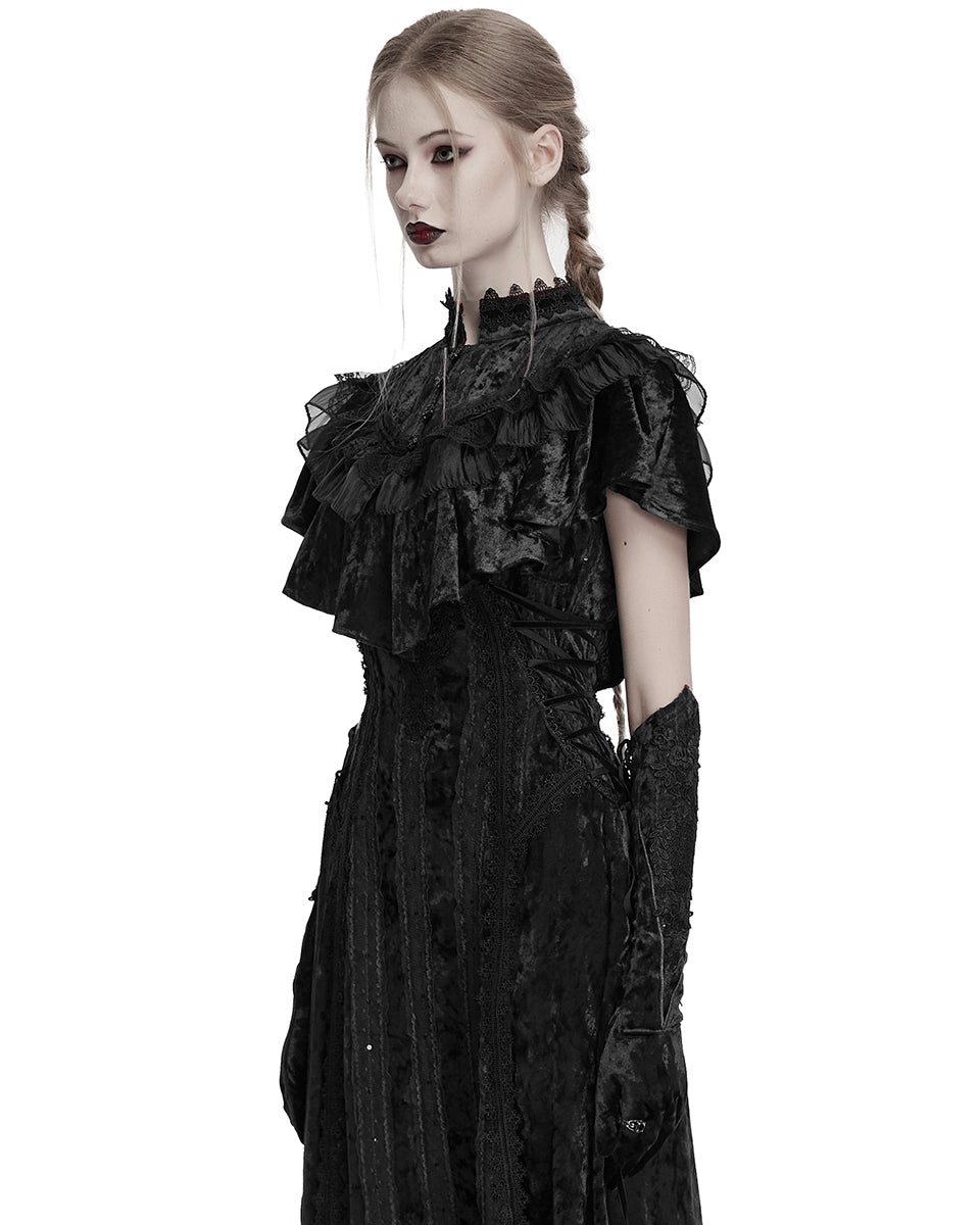 OY-1750DPF Daily Life Womens Long Gothic Crushed Velvet & Lace Bolero Cape - Black