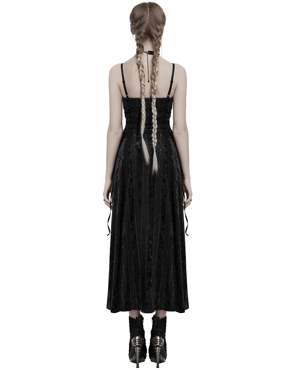 OQ=856LQF Daily Life Womens Long Gothic Crushed Velvet Applique Maxi Dress - Black