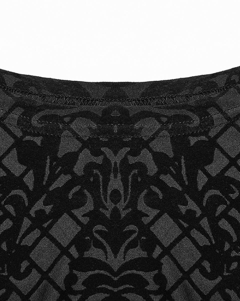PR-WT-830TCM-BKM Mens Gothic Damask Velvet Flocked Mesh Top