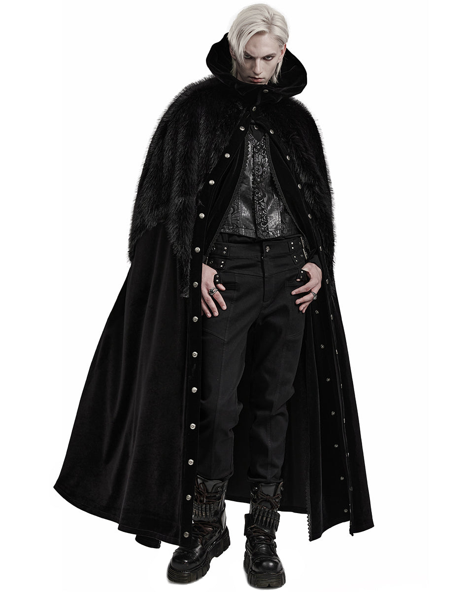 WY-1559DPM-BKM Mens Long Gothic Velvet & Faux Fur Travelling Cloak