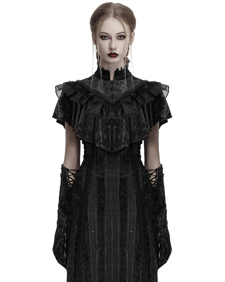 OY-1750DPF Daily Life Womens Long Gothic Crushed Velvet & Lace Bolero Cape - Black