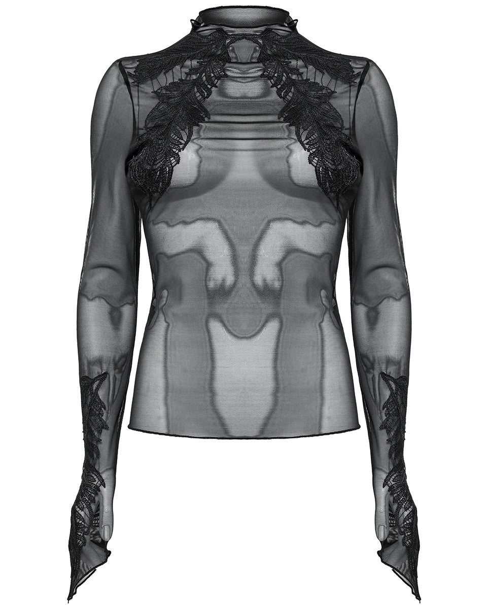 T766-BKF Womens Gothic Sheer Mesh Lace Applique Top