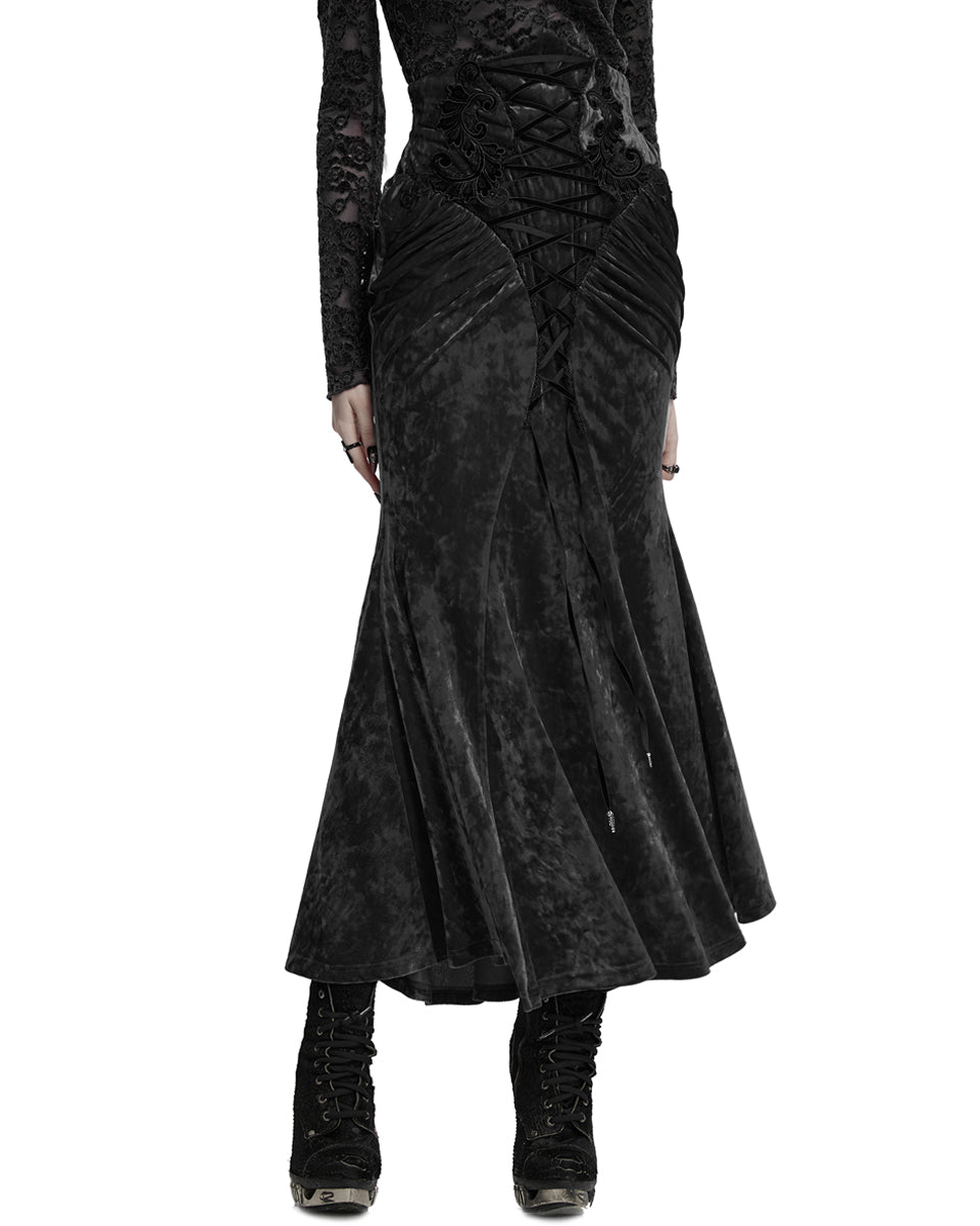 OQ-851BQF Daily Life Womens Long Gothic Velvet Applique Maxi Skirt - Black