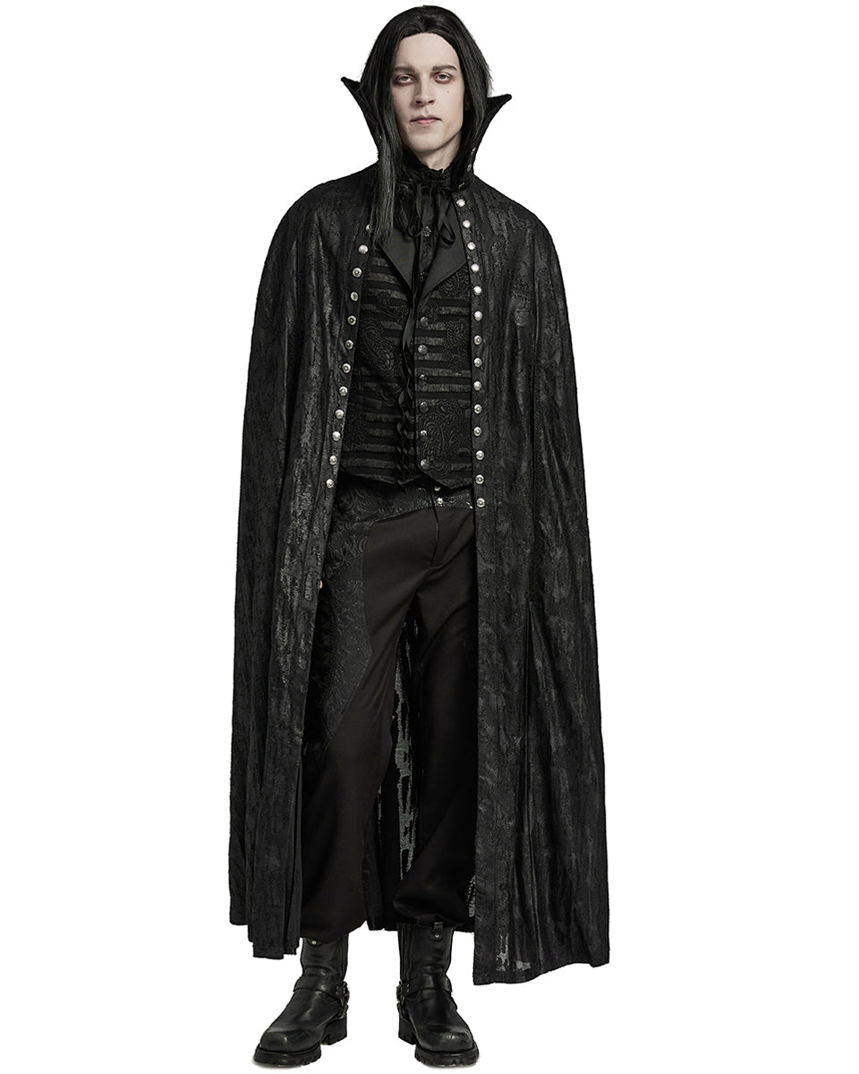 WY-1600DPM-BKM Mens Long Gothic Double-Breasted Cloak With Detachable Lace Ruffle