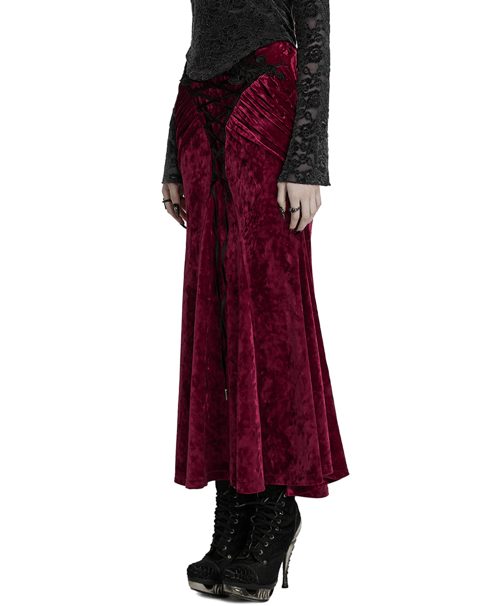 OQ-851BQF Daily Life Womens Long Gothic Velvet Applique Maxi Skirt - Red