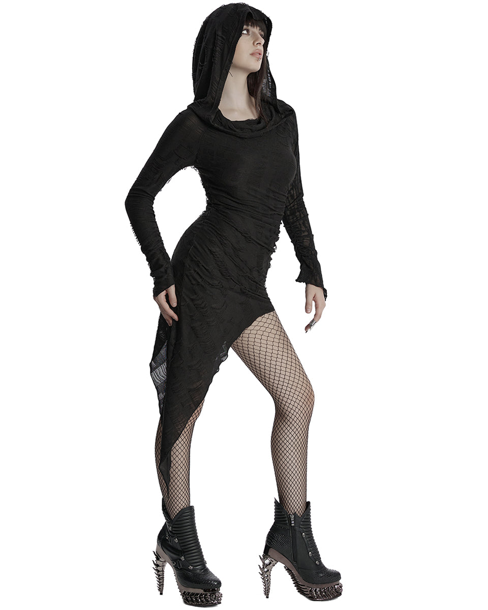 OQ-803LQF Daily Life Apocalyptic Gothic Asymmetric Broken Knit Hooded Dress