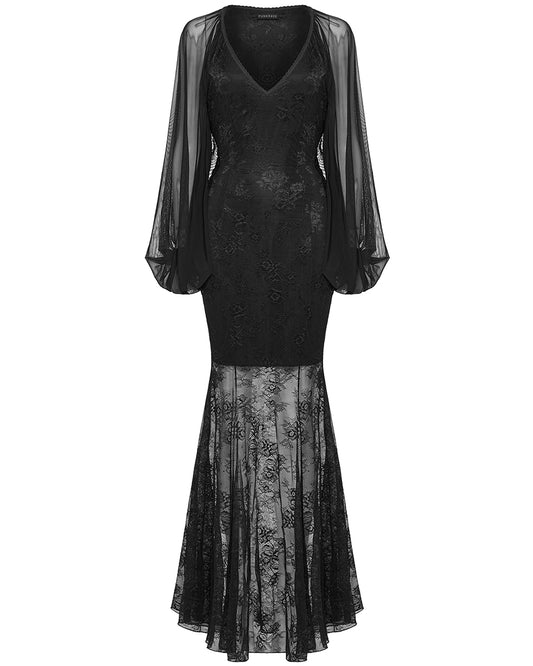 OQ-808LQF Daily Life Long Gothic Rose Lace & Mesh Mermaid Maxi Dress