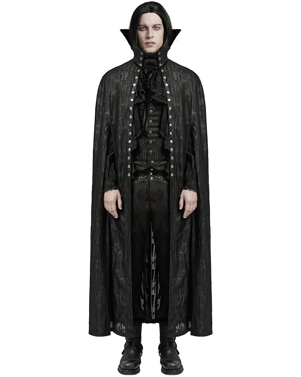 WY-1600DPM-BKM Mens Long Gothic Double-Breasted Cloak With Detachable Lace Ruffle
