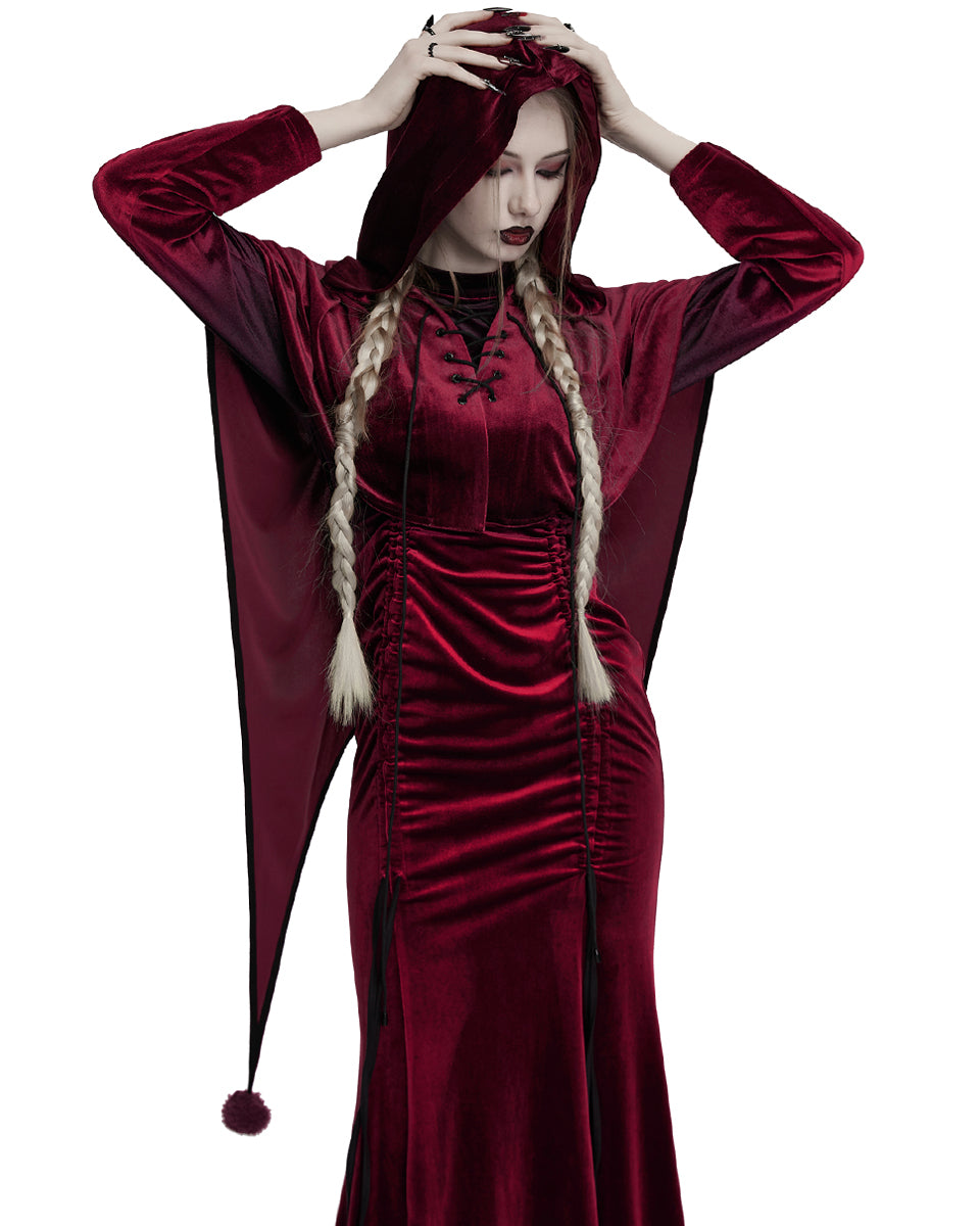 OPY-444DQF Daily Life Womens Velvet Gothic Lolita Hooded Split Tails Bolero Cape - Red
