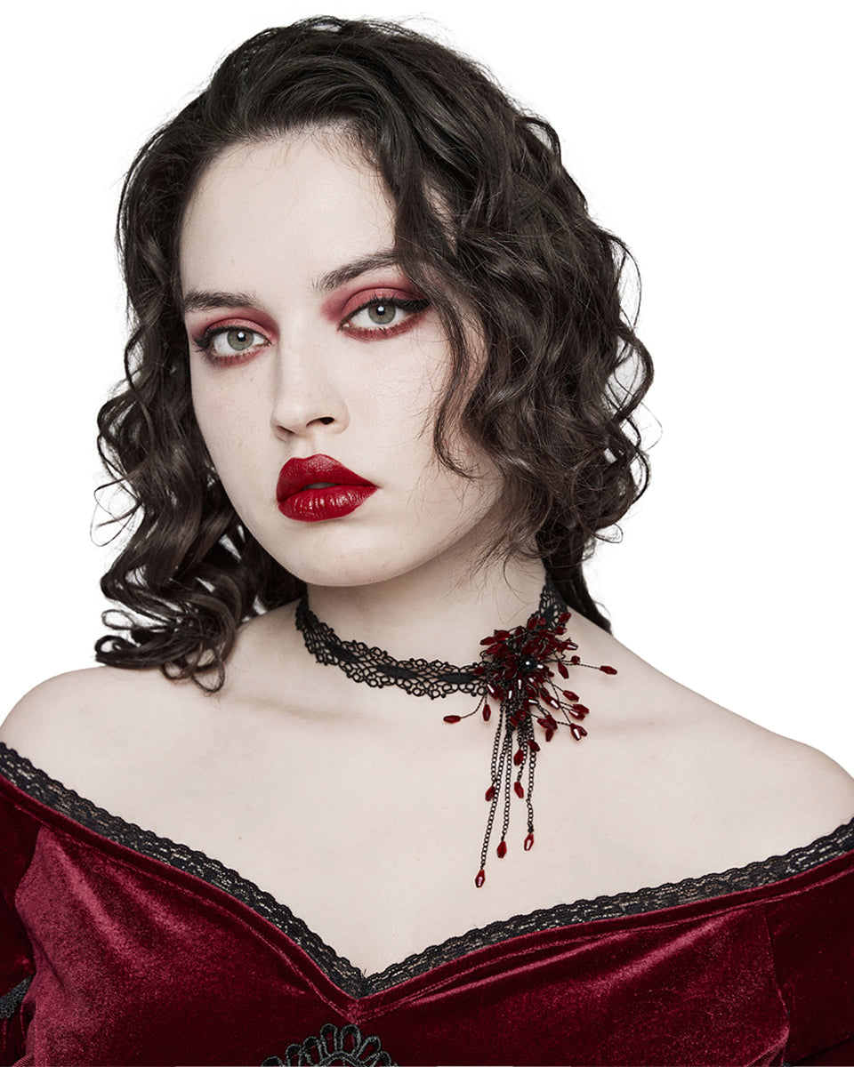 DS-572LHF-BKRDF Womens Shadowflower Beaded Gothic Choker Necklace - Black & Red