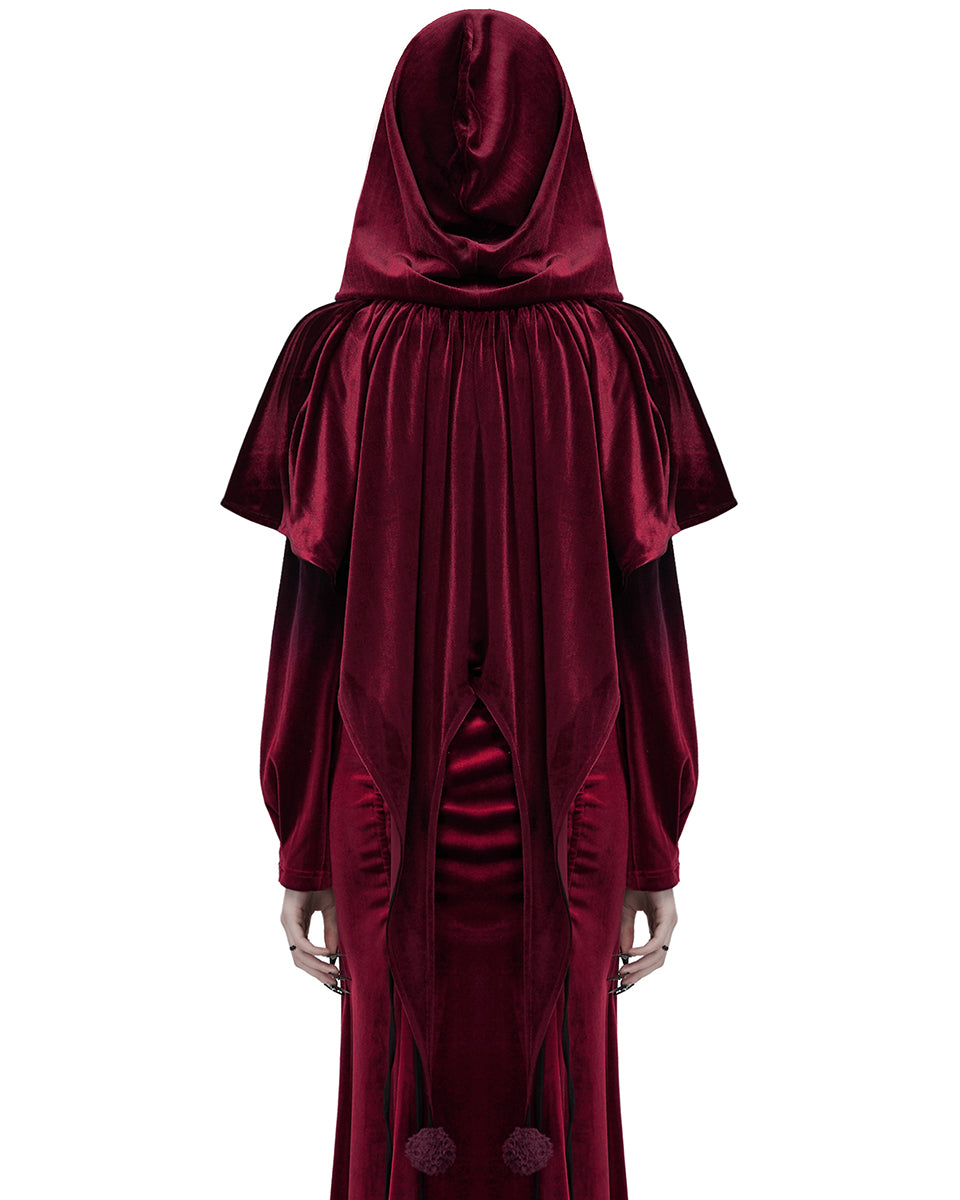 OPY-444DQF Daily Life Womens Velvet Gothic Lolita Hooded Split Tails Bolero Cape - Red