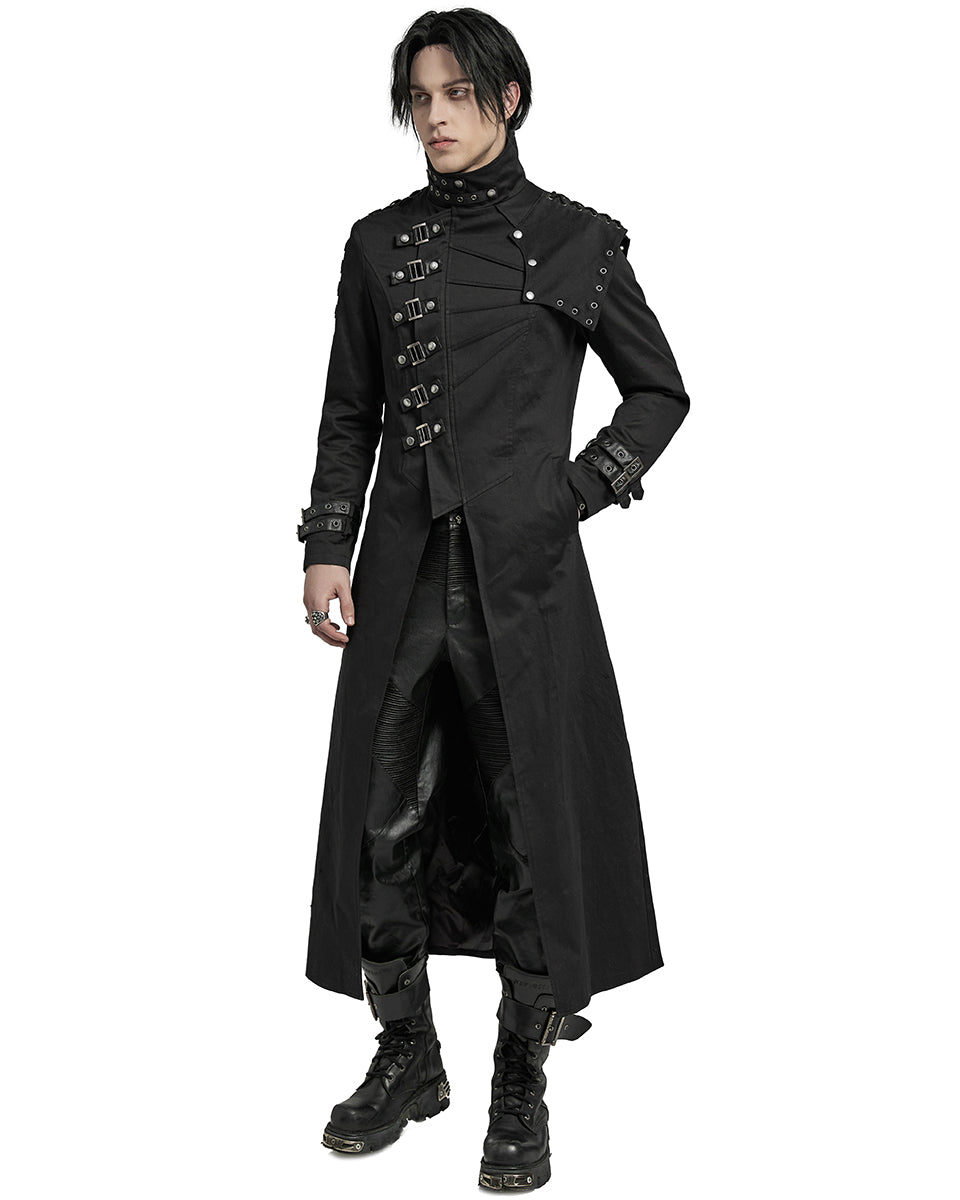 WY-1602XCM-BKM Mens Long Gothic CyberPunk Asymmetric Shoulder Armour Trench Coat