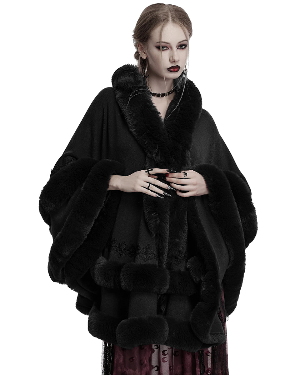 OM-092HMF Daily Life Womens Plush & Faux Fur Hooded Winter Cloak - Black