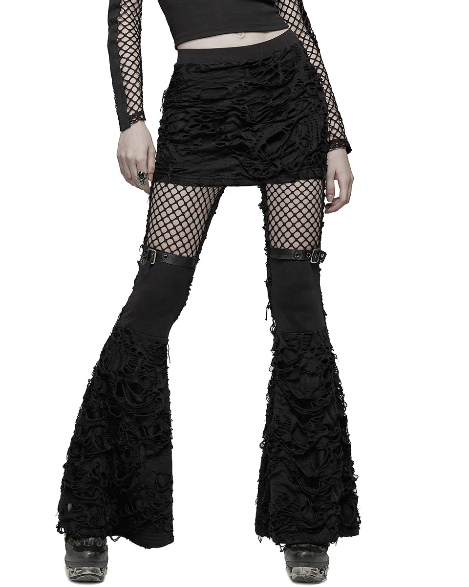 WK-485 Womens Apocalyptic Punk Broken Knit Flared Leggings