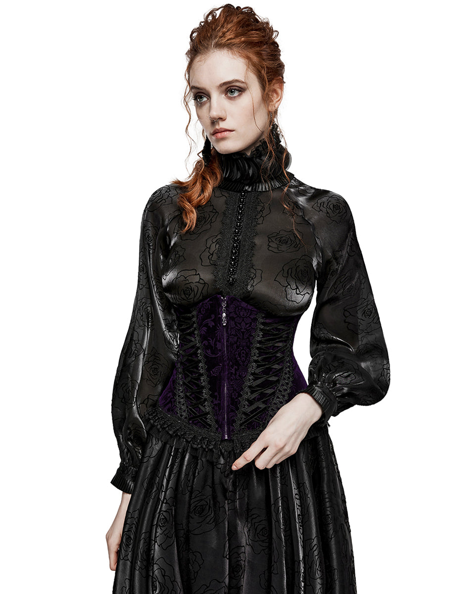 PR-DS-564YDF-BKVIF Gothic Victorian Damask Cincher Corset - Extended Size Range - Purple Velvet