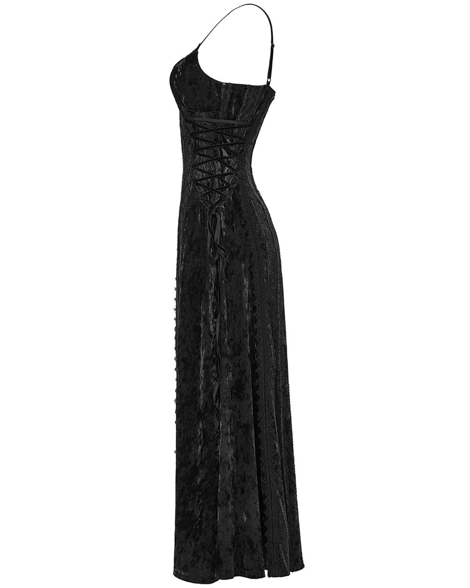 OQ=856LQF Daily Life Womens Long Gothic Crushed Velvet Applique Maxi Dress - Black