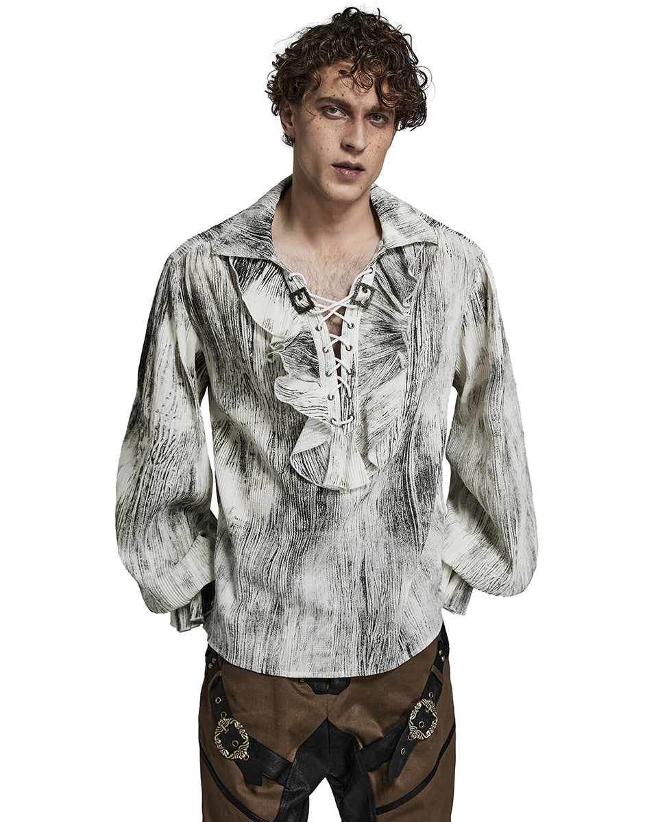 Y1497-WHM Mens Gothic Steampunk Distressed Lace Up Pirate Shirt - White