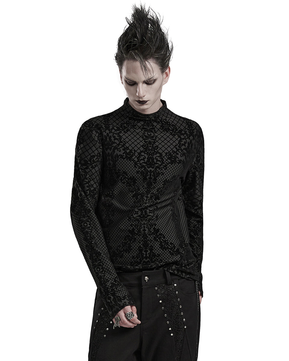 PR-WT-830TCM-BKM Mens Gothic Damask Velvet Flocked Mesh Top