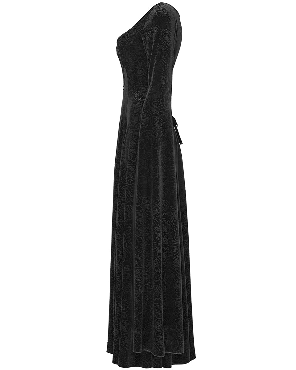 WQ-896LQF Womens Long Gothic Rose Velvet Flared Split Sleeve Maxi Dress - Black