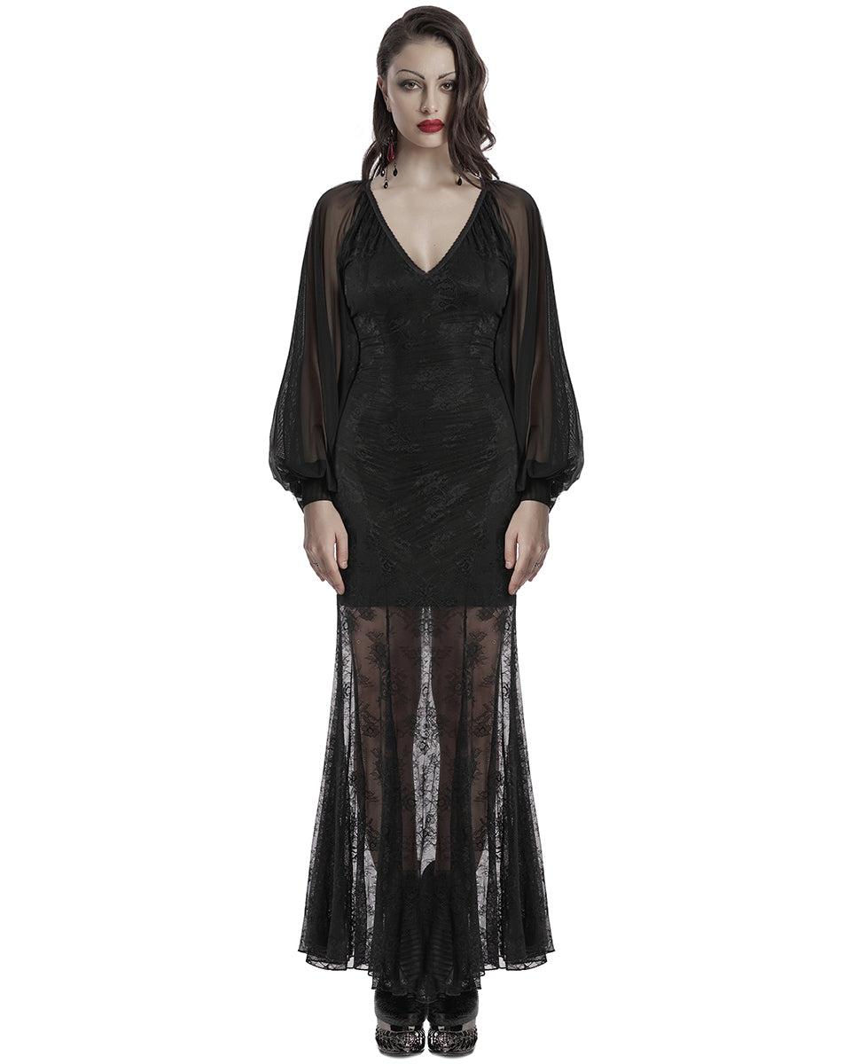 OQ-808LQF Daily Life Long Gothic Rose Lace & Mesh Mermaid Maxi Dress