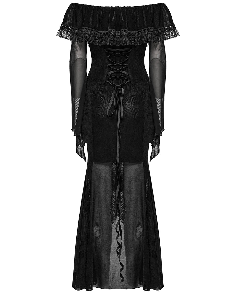 OQ-786LQF Daily Life Gothic Velvet Mesh Ruched Off-Shoulder Evening Dress