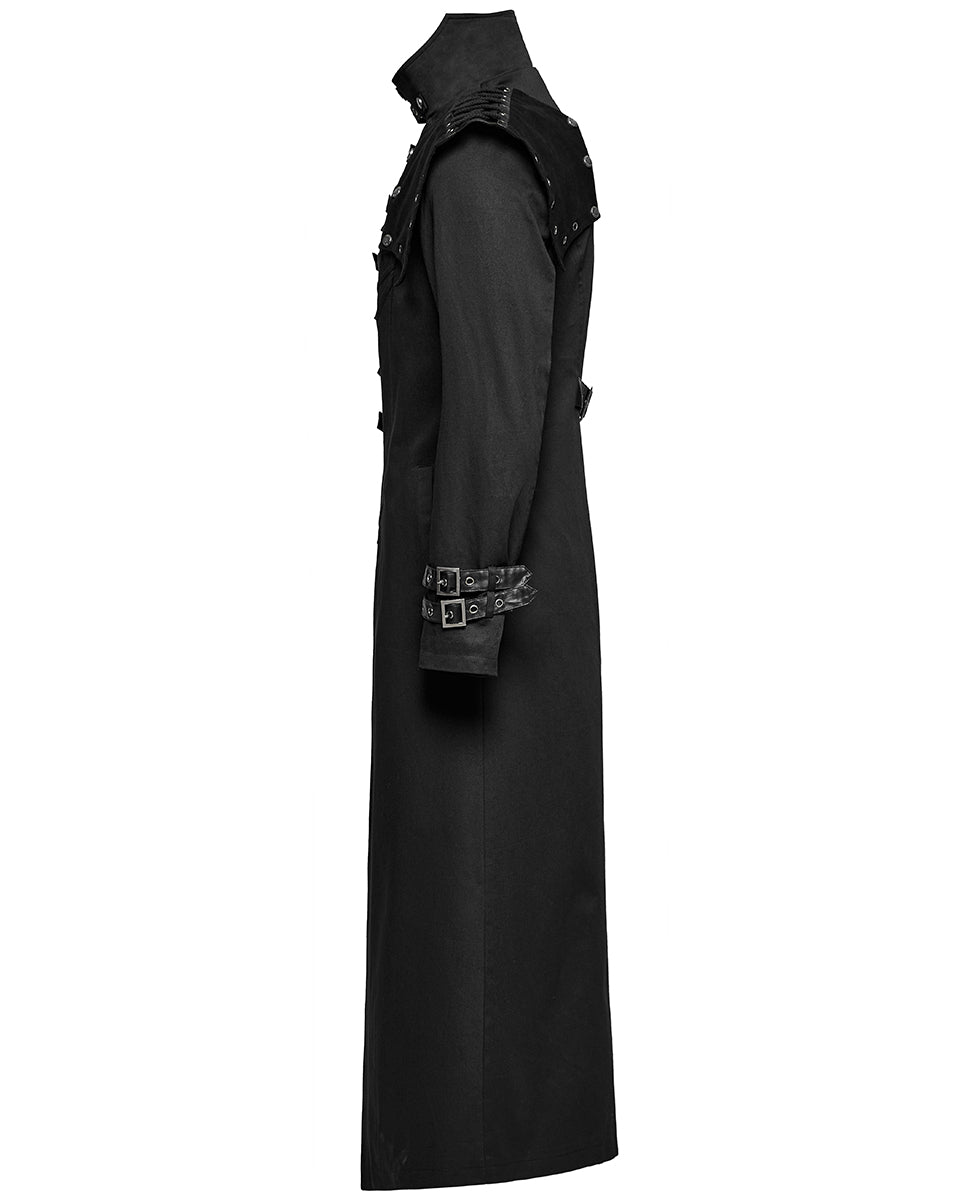 WY-1602XCM-BKM Mens Long Gothic CyberPunk Asymmetric Shoulder Armour Trench Coat