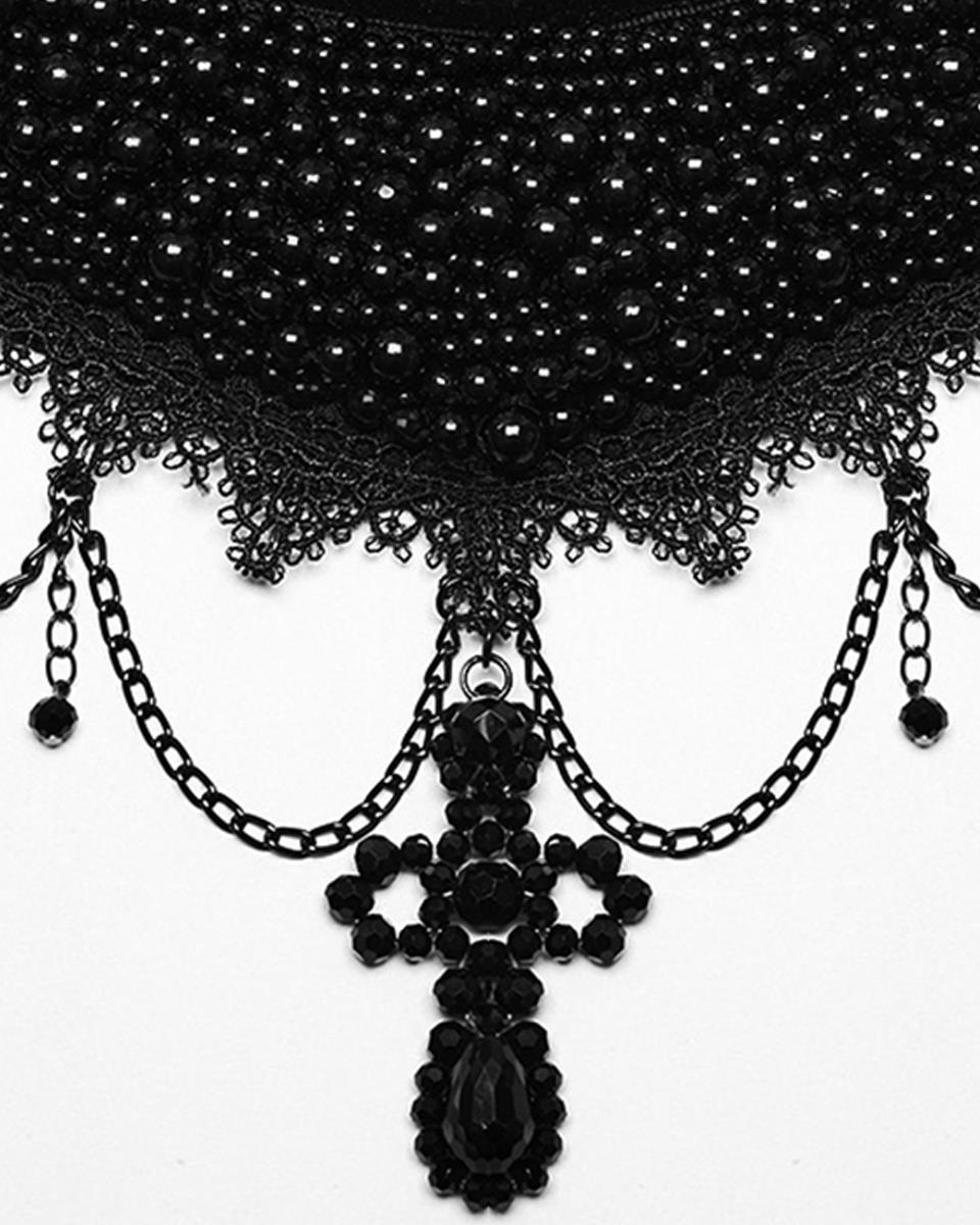 WS-568LHF-BKF Womens Beaded Crucifix Gothic Choker Collar Necklace