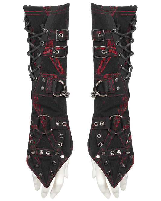 S-479 Womens Dark Punk Studded Armwarmers - Black & Red