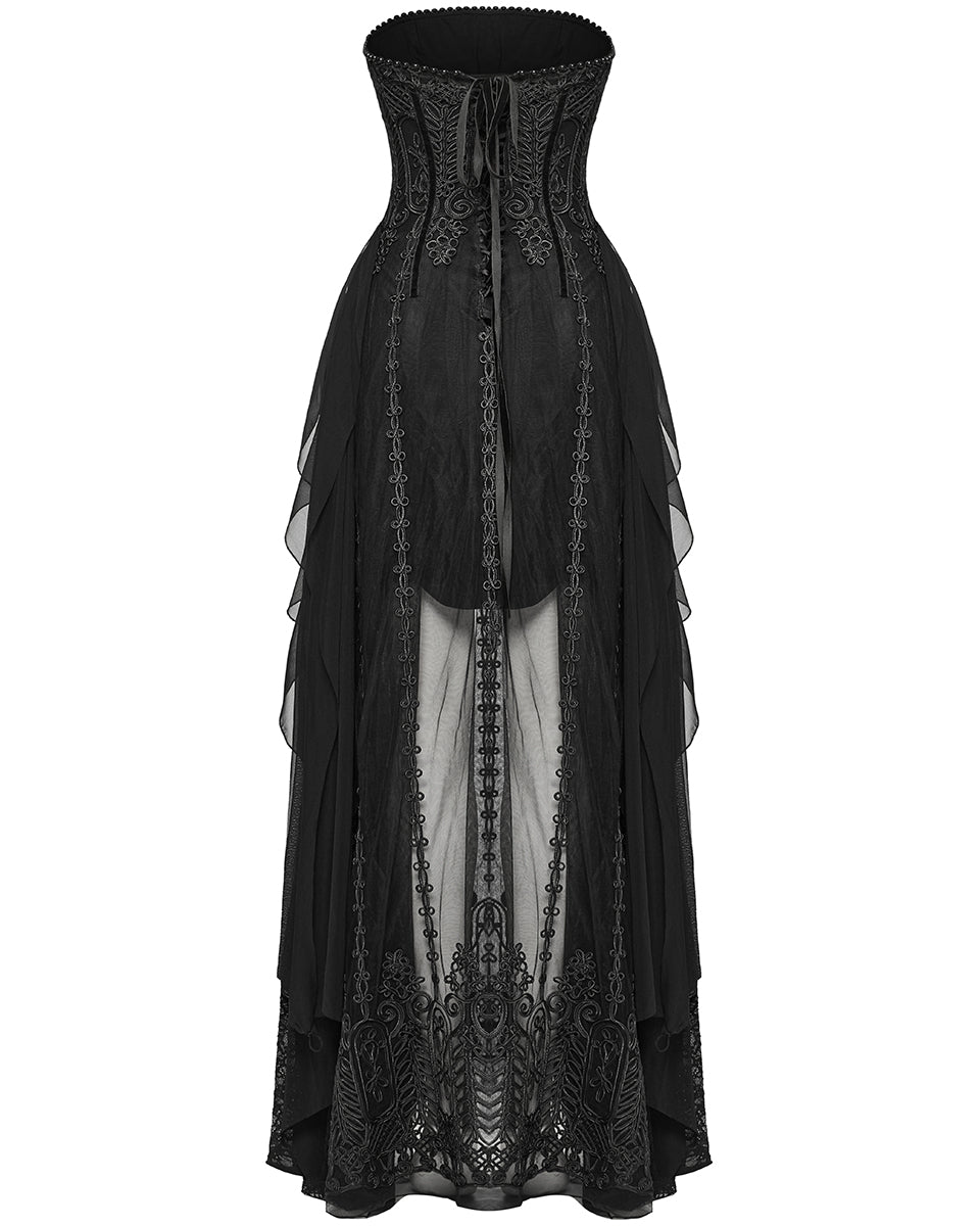 WQ-773LQF-BKF Womens Long Gothic Mesh Strapless Dress With Embroidered Lace