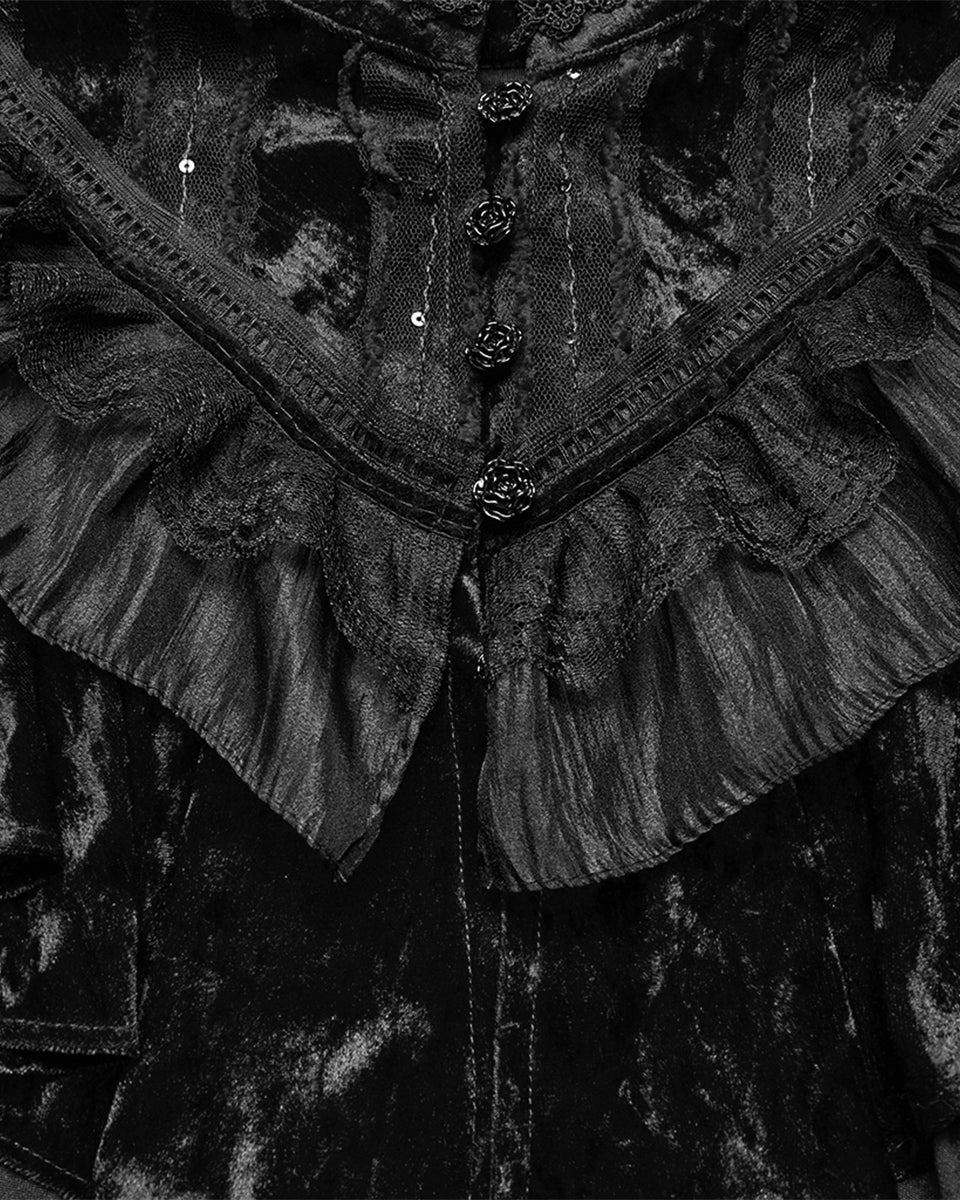 OY-1750DPF Daily Life Womens Long Gothic Crushed Velvet & Lace Bolero Cape - Black