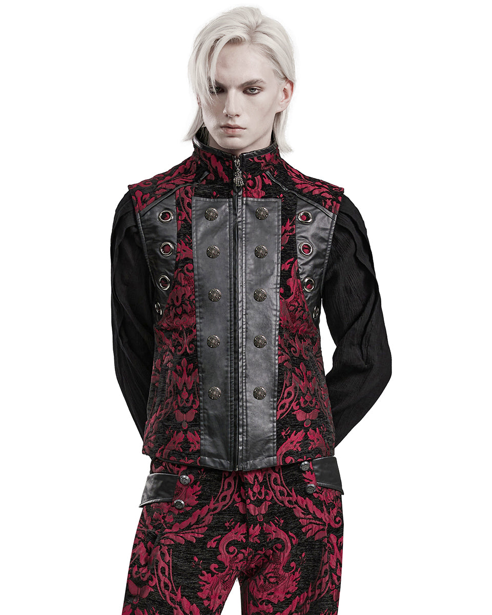 WY-1489MJM-BKRDM Mens Gothic Regency Damask Tapestry Waistcoat Vest - Black & Red