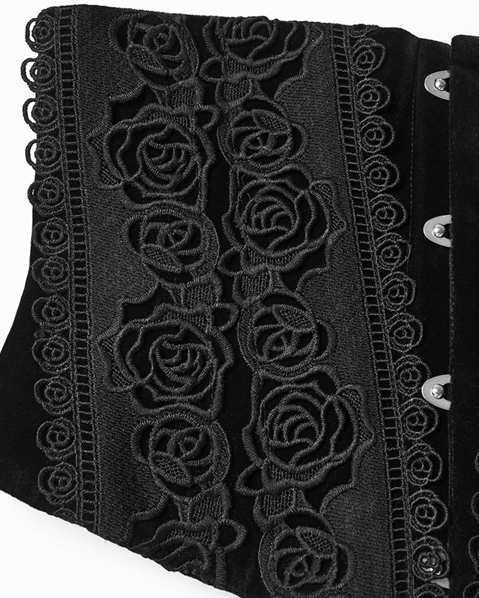 WS-790YDF Womens Baroque Gothic Rose Embroidered Velvet Cincher Corset - Black