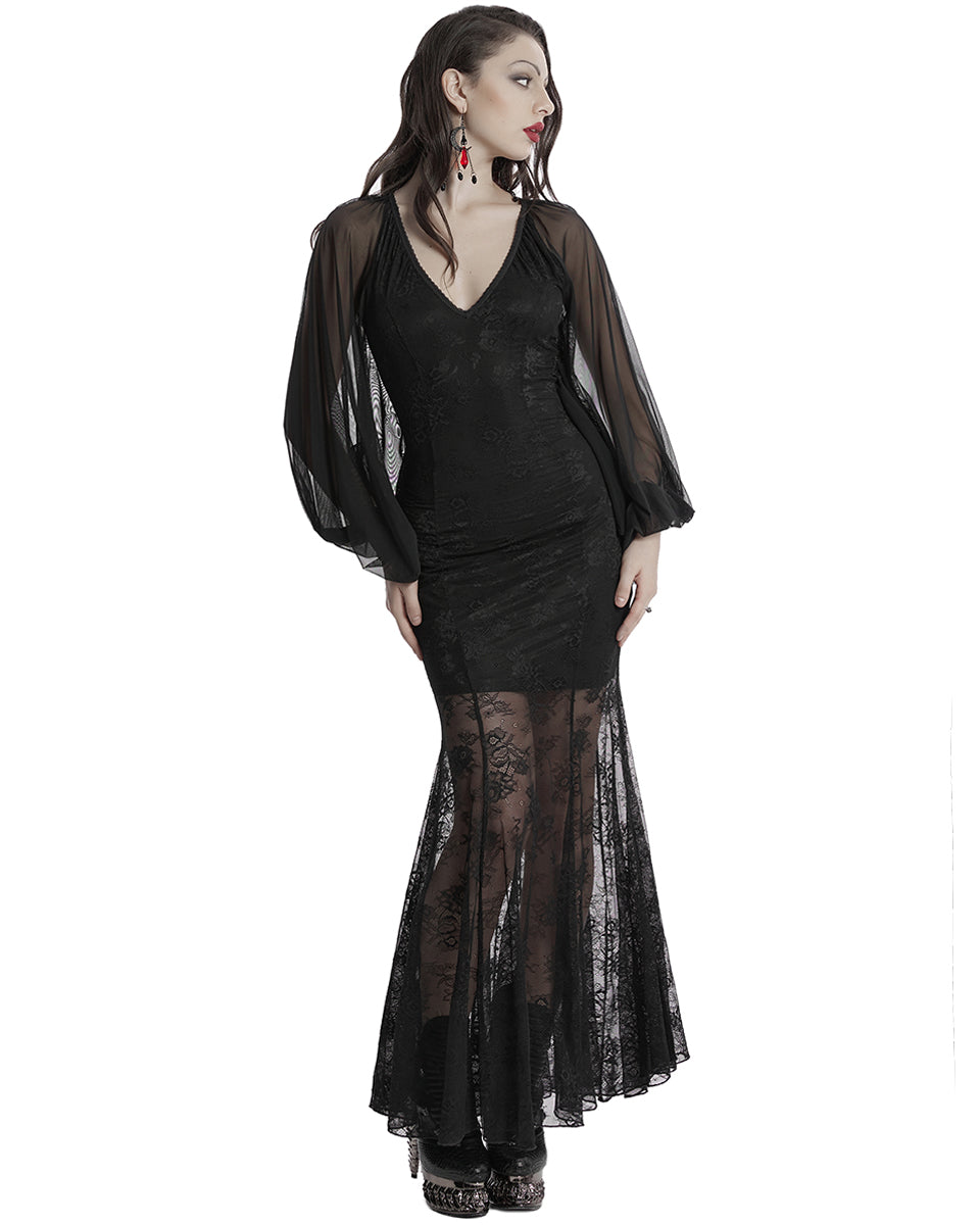 OQ-808LQF Daily Life Long Gothic Rose Lace & Mesh Mermaid Maxi Dress