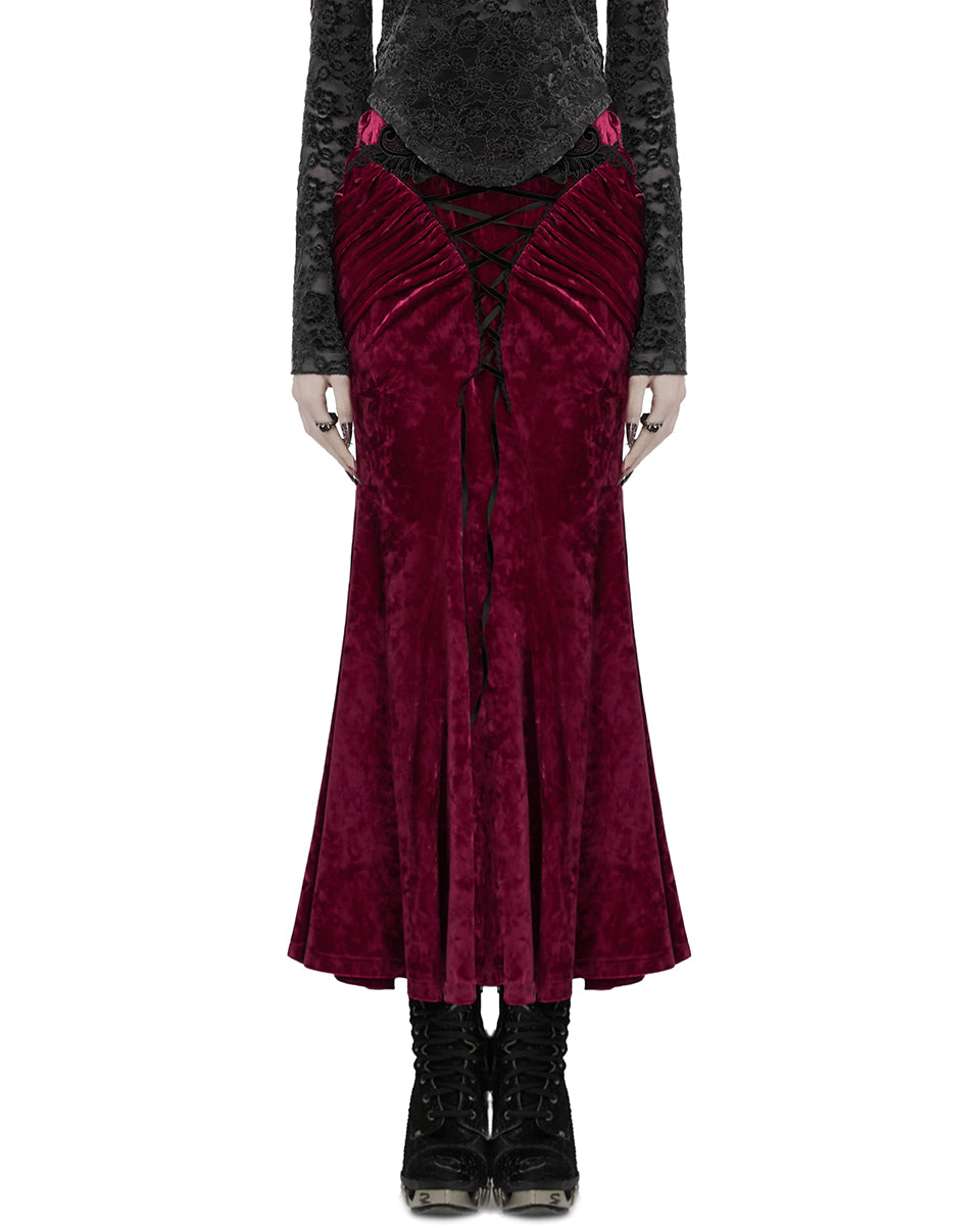 OQ-851BQF Daily Life Womens Long Gothic Velvet Applique Maxi Skirt - Red