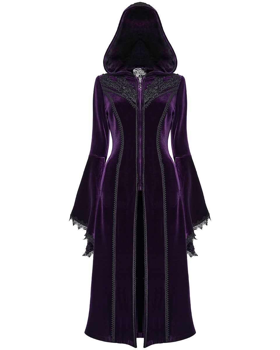 DY-1510LCF-BKVIF Womens Gorgeous Gothic Lace Applique Hooded Coat - Extended Size Range - Purple Velvet