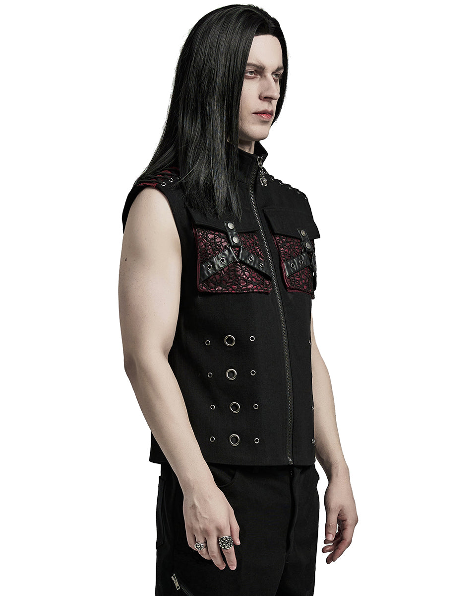 WY-1610MJM-BKRDM Mens Apocalyptic Gothic Mesh Utility Pocket Waistcoat Vest - Black & Red