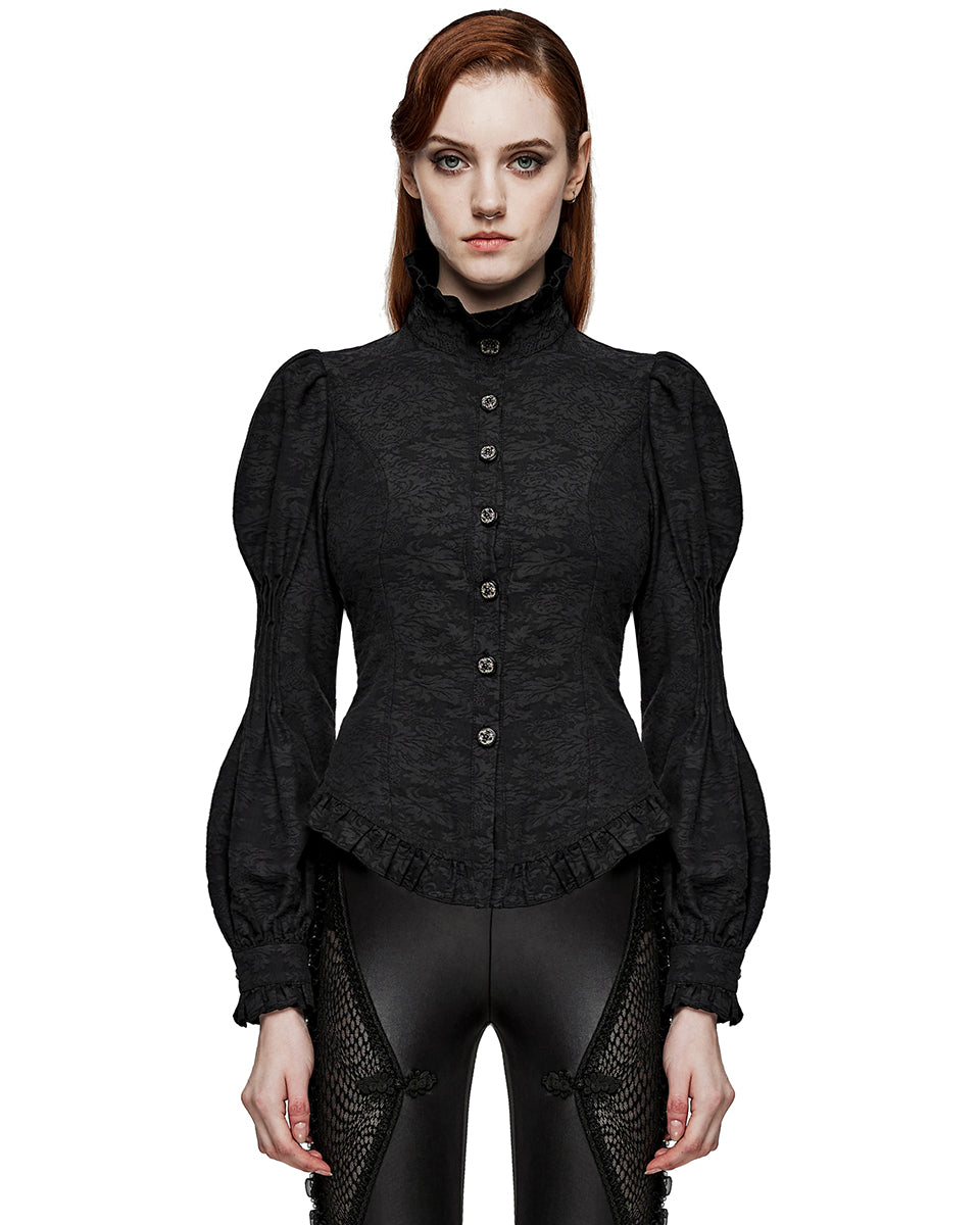 WY-1527CCF-BKF Womens Dark Regency Gothic Jacquard Blouse Top